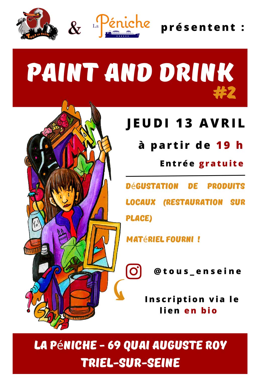 Jeudi 13 avril a partir de 19 heures Paint and Drink a la Peniche