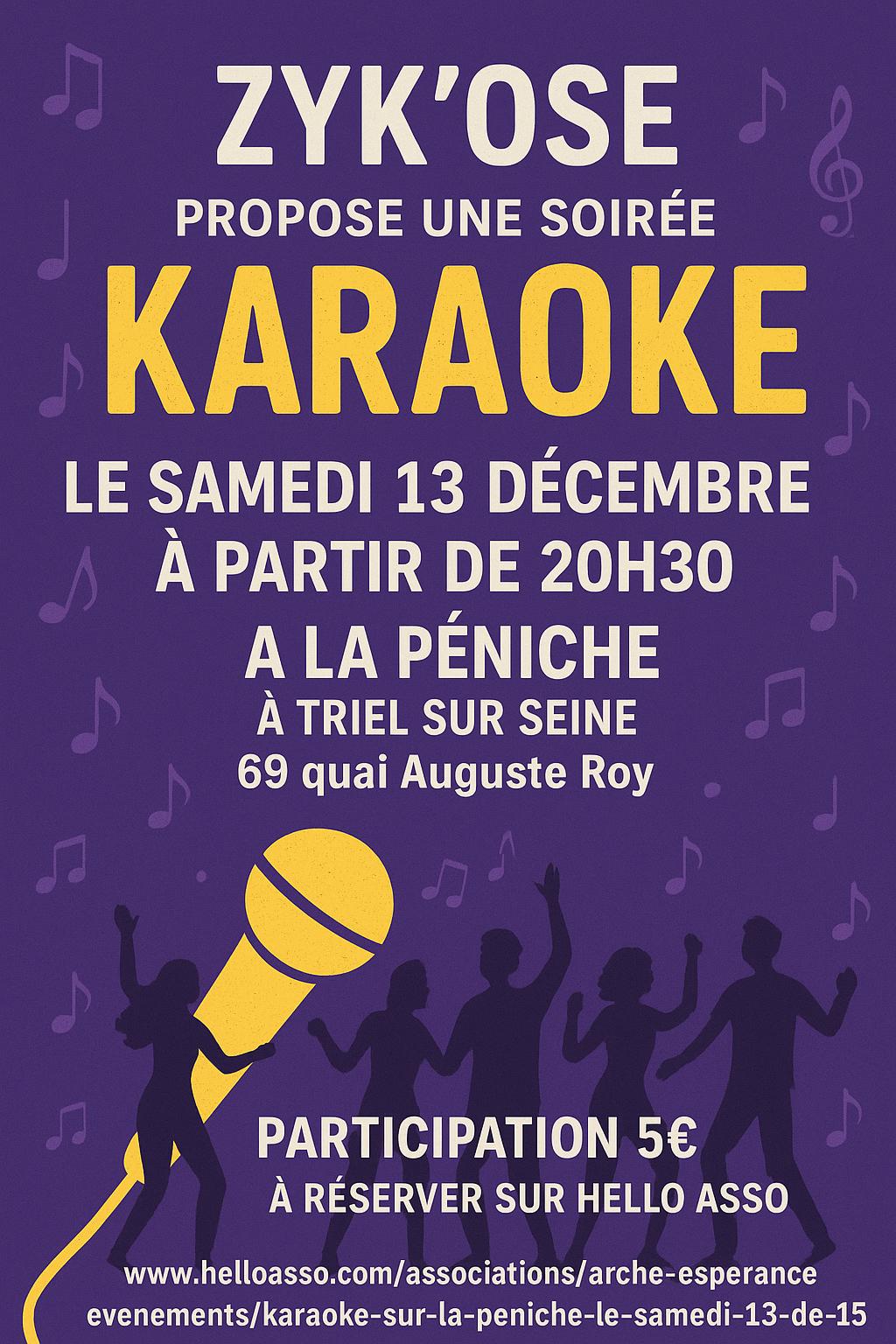 karaoké samedi 13 décembre à la péniche inscription sur helloasso ou sur place